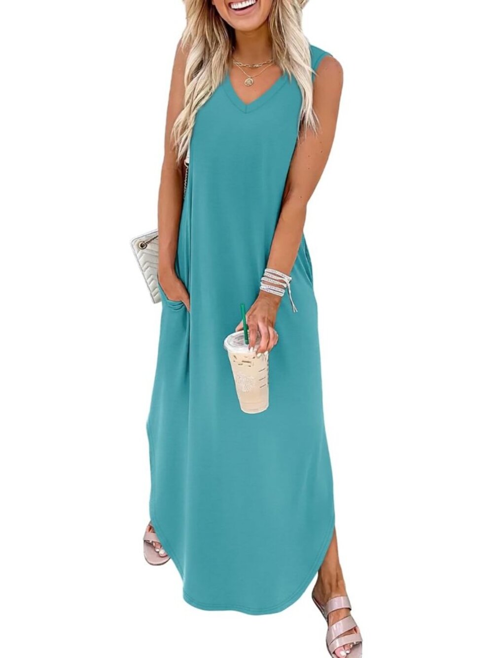 Women's Blue Summer Maxi Dress Beach Vacation Sundress with Pockets